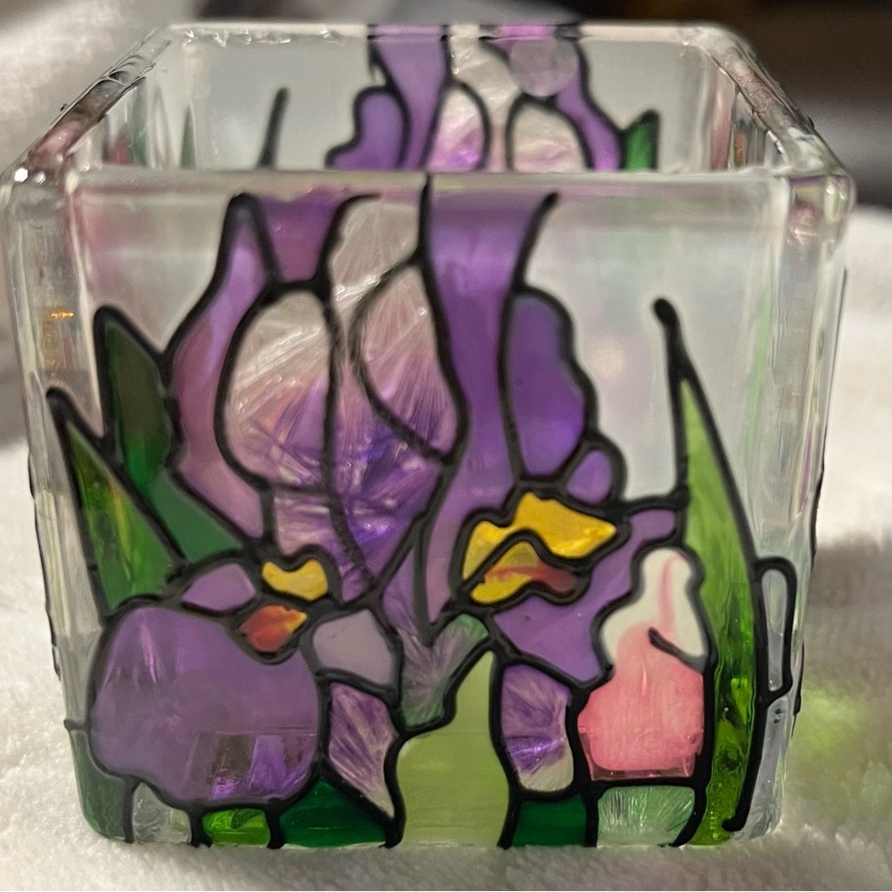 Stained Glass Dragonfly and Iris Candle Holder Hand Painted. - Picture 5 of 5